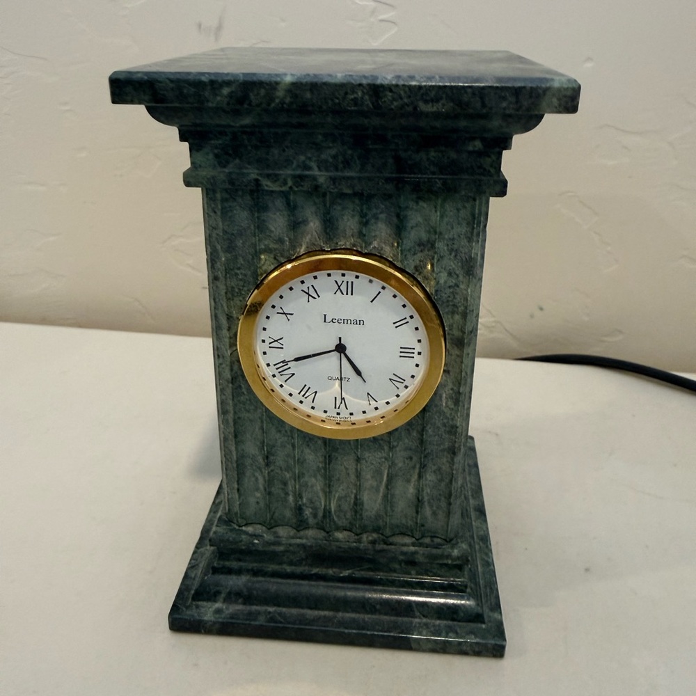 Vintage Leeman Mantel Green Marble Desktop Clock Quartz Battery Operated Heavy